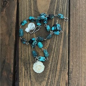 Carved Rose Pendant on Turquoise Necklace